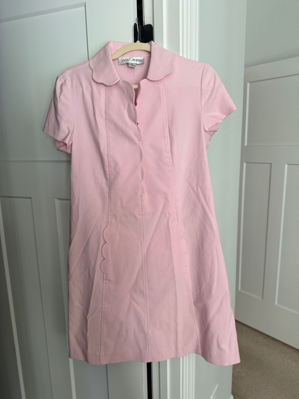 Sara Campbell pink short sleeve dress scallop pockets stretch